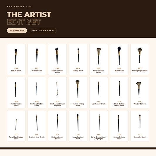 What is inside The Artist Edit Brush Set: all 21 brushes, J01 to J21, with names and uses